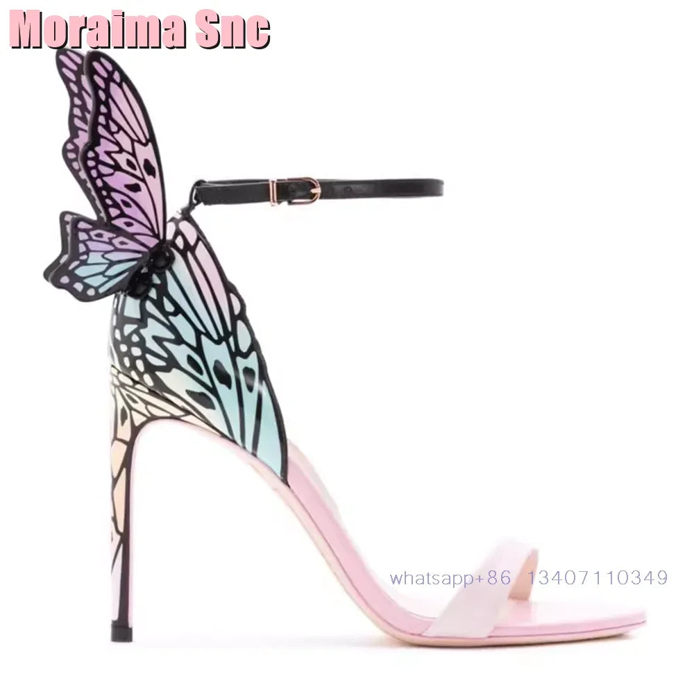 2025 New Back Butterfly Decor Wedding Shoes Bridal Sandals Stiletto High Heel Round Toe Ankle Buckle Bling Dress Shoes Banquet