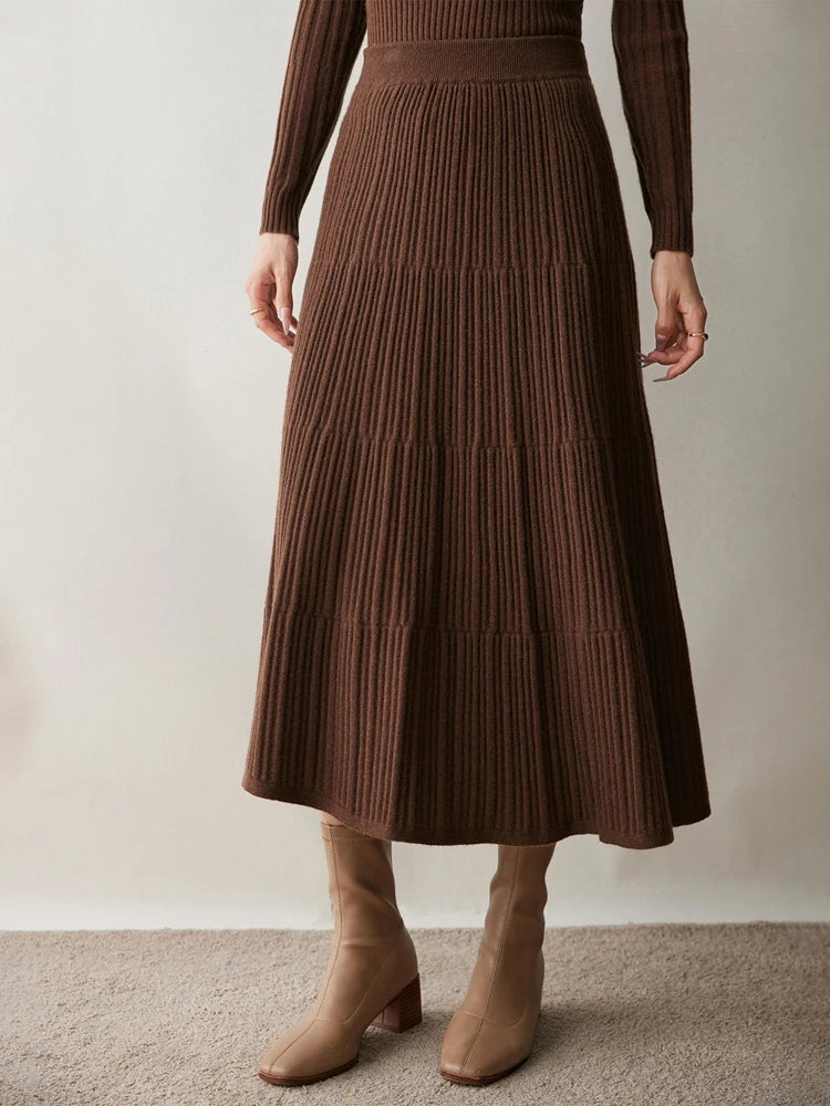 100% Cashmere Knitted Skirt Autumn Winter Women Elegant Tiered Pleats Slim A-line High Waisted Soild Office Lady Dress High-end