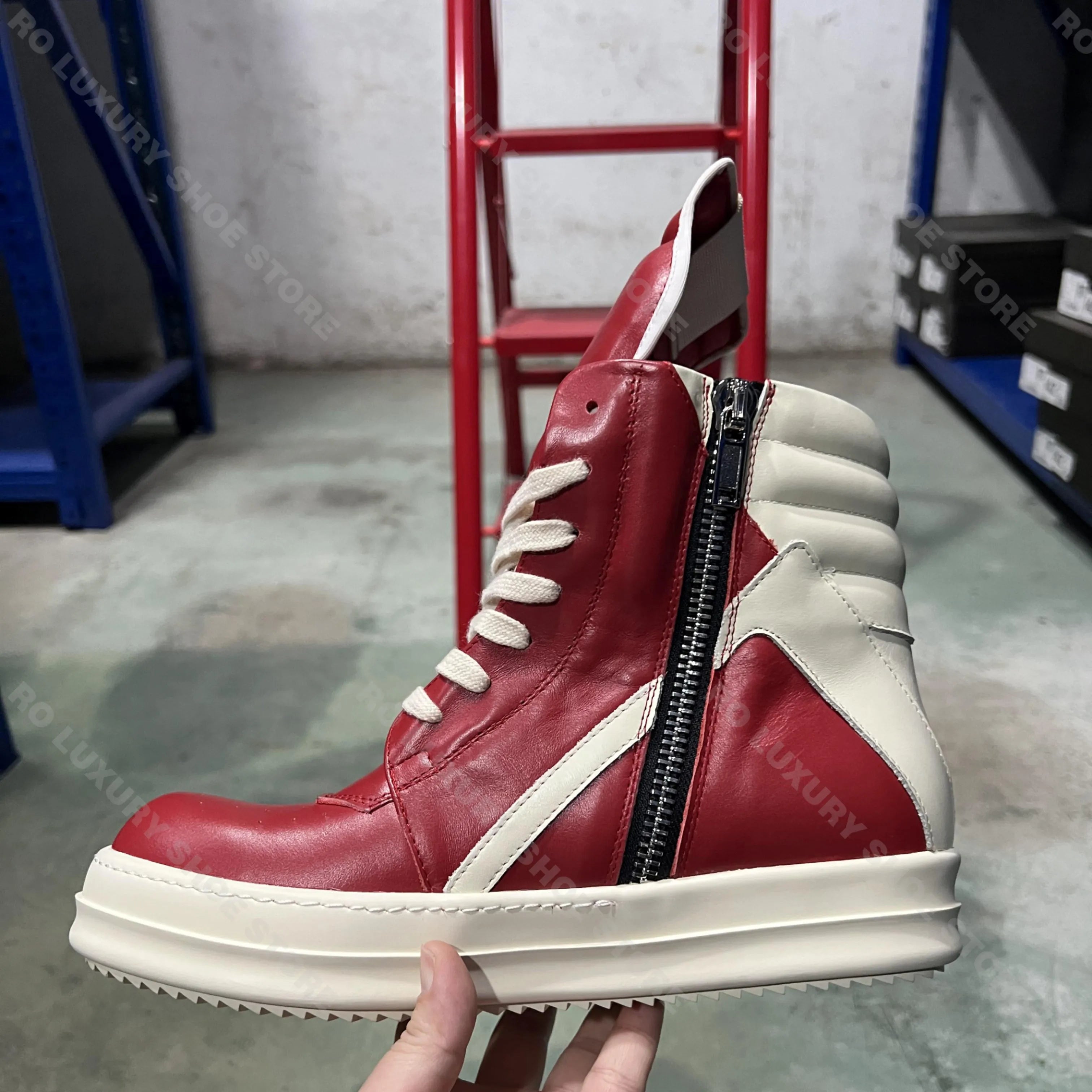 Brand Men Shoe Casual High Top Women Sneaker Lace Up Ankle Boot Geobasket Leather Zipper Flat Grey Gothic Punk Luxury Shoe