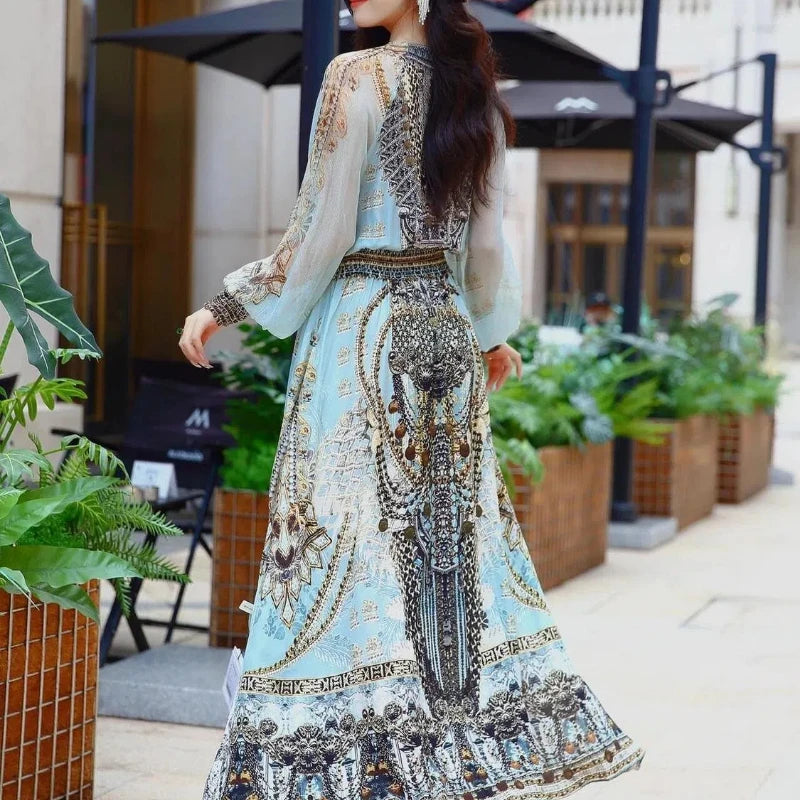 Spring Autumn New V-neck Long Sleeve Fashion Maxi Dress Women High Street Vintage Printing Dresses Elegant All-match Vestidos
