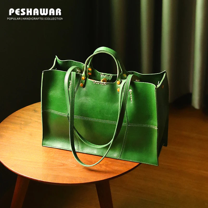 Genuine Leather Women's Handbags Cowhide Large Capacity Lady Tote Bag Niche Retro Commuter Portable Shoulder Bags 2025 New
