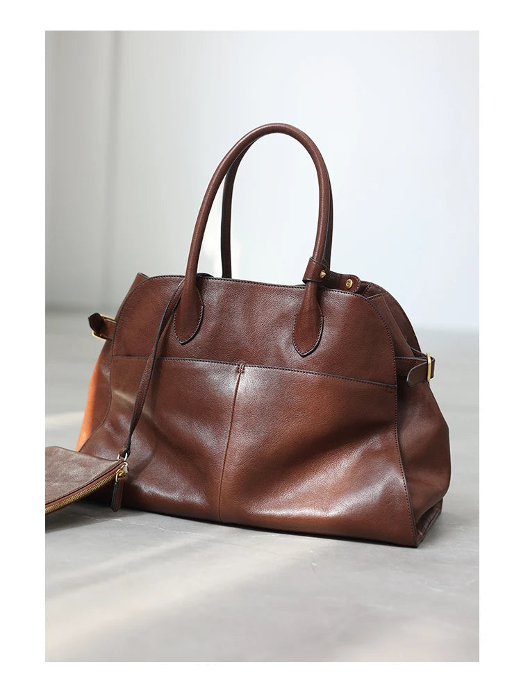 Women's Genuine Leather Large Capacity Tote Bag Female Retro Luxury Briefcase Vintage Cowhide Shoulder Handbag