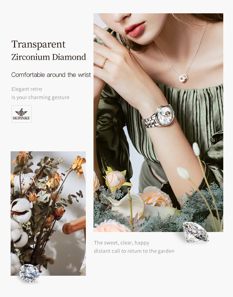 OUPINKE 3202 Women Watch Original Tungsten Steel Moon Phase Waterproof Watch Luxury Swiss Brand Women Automatic Mechanical Watch