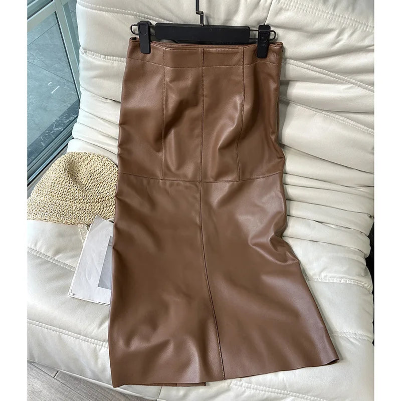 100% Real Leather Long Skirt Women 2024 New Fashion High Waist  Sexy Split Wrap Skirt Chic Ladies Sheepskin Pencil Skirts Luxury