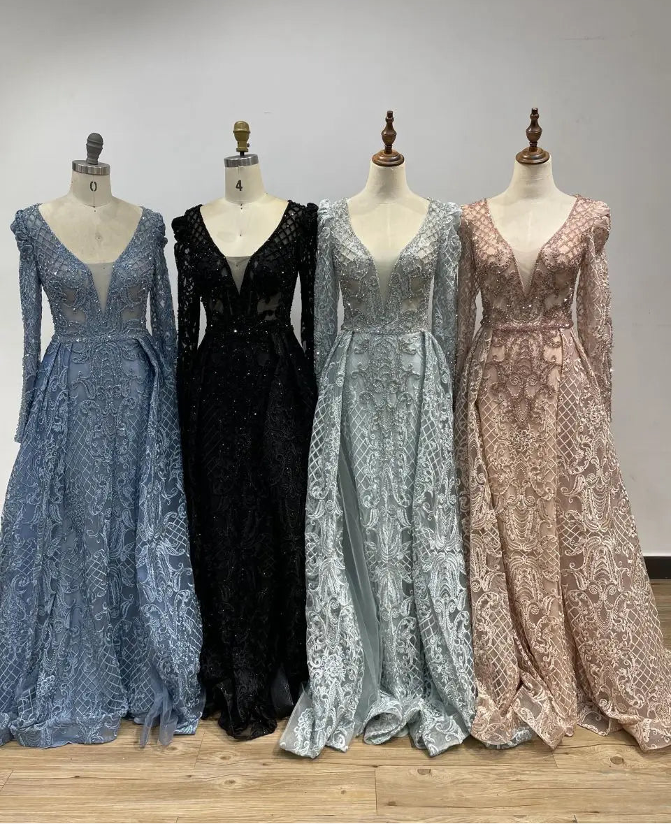 MYMB Blue Elegant Long Sleeves Women Celebrity Dress for Formal Occasions Luxury Arabic V Neck Beading Lace Evening Gowns DKN108
