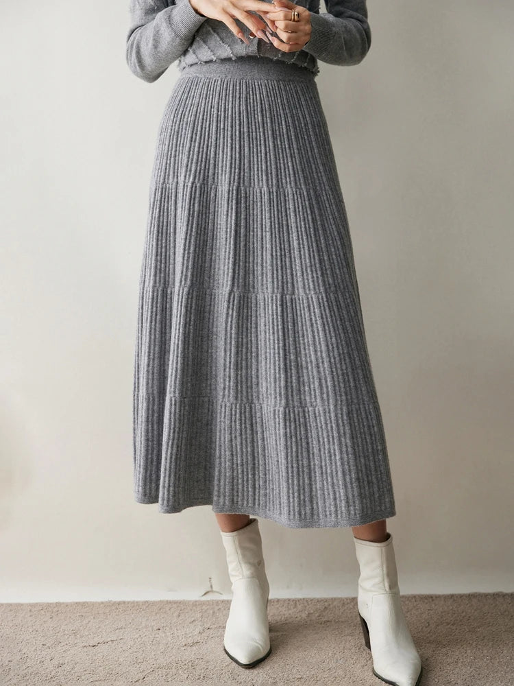 100% Cashmere Knitted Skirt Autumn Winter Women Elegant Tiered Pleats Slim A-line High Waisted Soild Office Lady Dress High-end