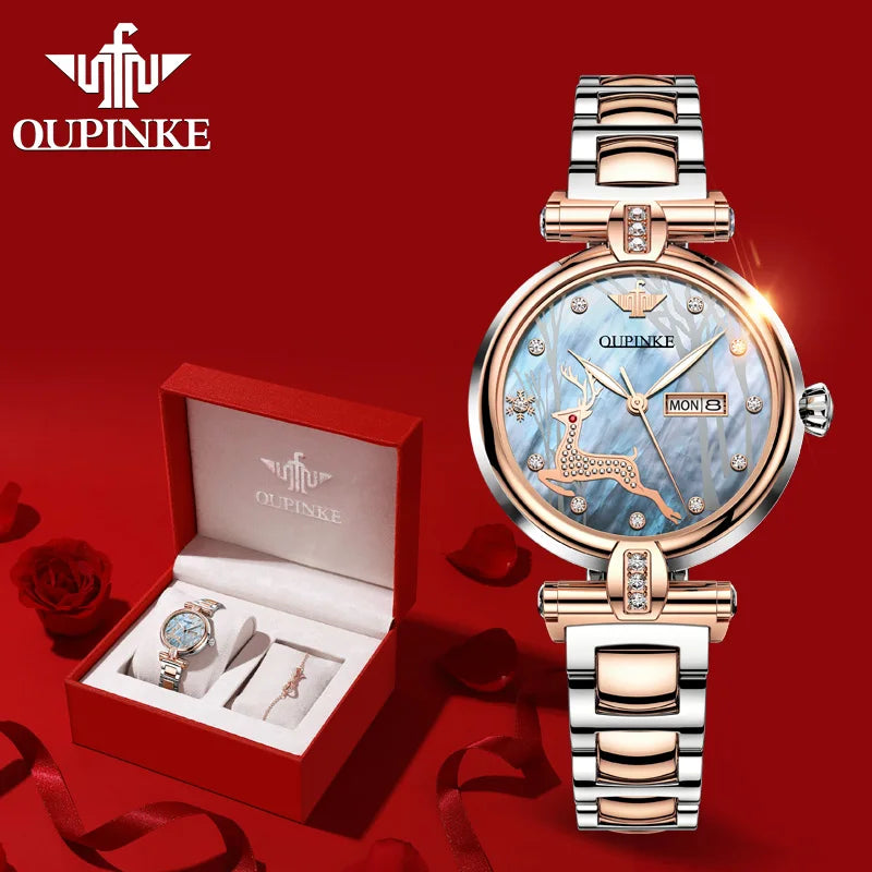 OUPINKE 3180 Luxury Brand Women Watch Original Automatic Mechanical Watch Calendar Elegant Women Dress Bracelet Watch Gift Box