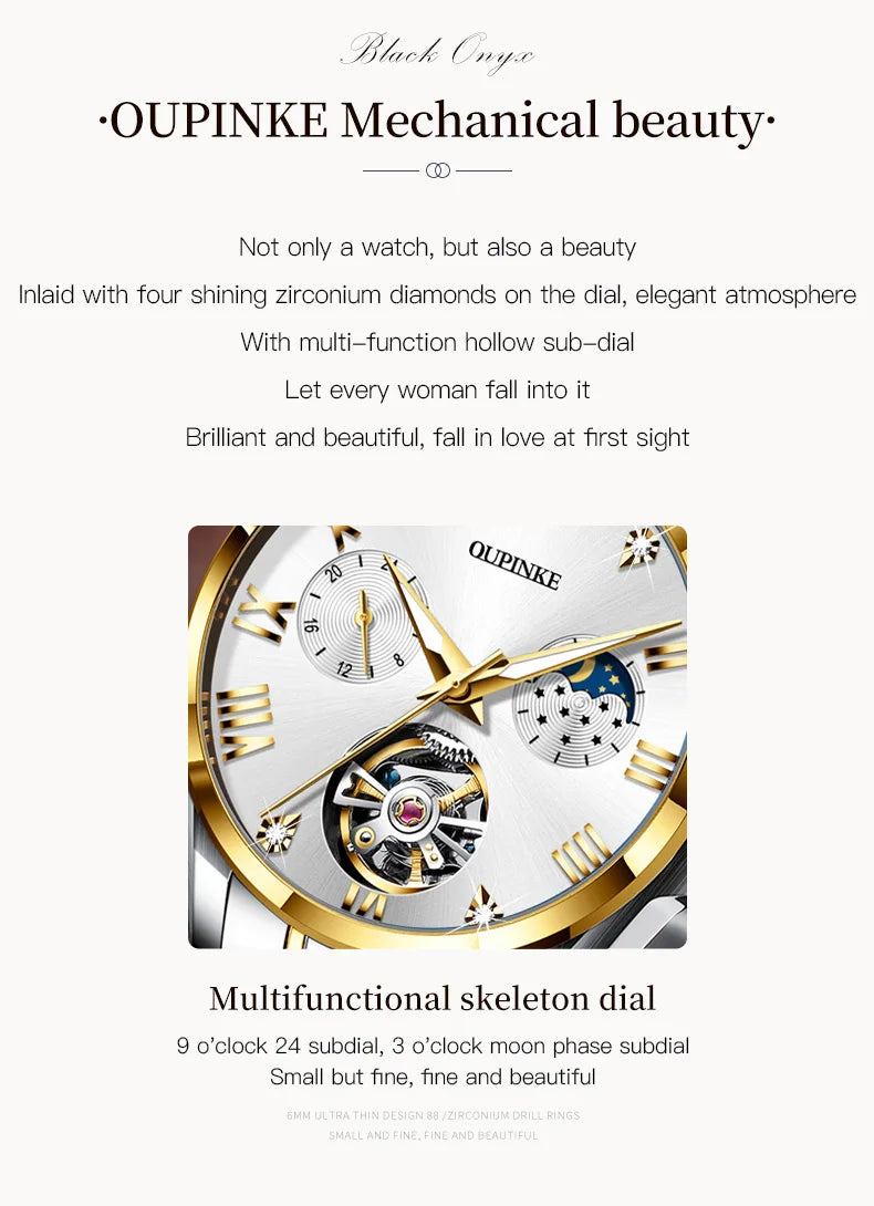 OUPINKE 3202 Women Watch Original Tungsten Steel Moon Phase Waterproof Watch Luxury Swiss Brand Women Automatic Mechanical Watch