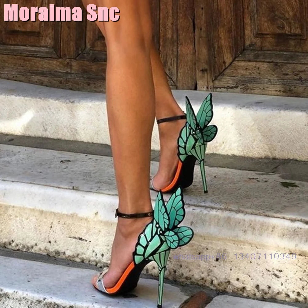2025 New Back Butterfly Decor Wedding Shoes Bridal Sandals Stiletto High Heel Round Toe Ankle Buckle Bling Dress Shoes Banquet