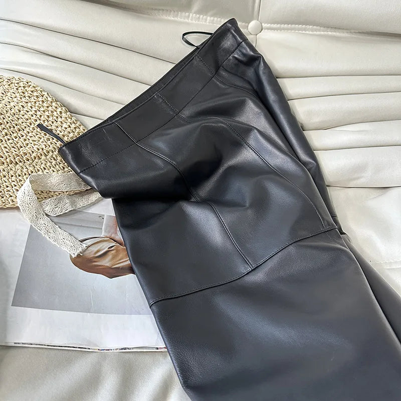 100% Real Leather Long Skirt Women 2024 New Fashion High Waist  Sexy Split Wrap Skirt Chic Ladies Sheepskin Pencil Skirts Luxury