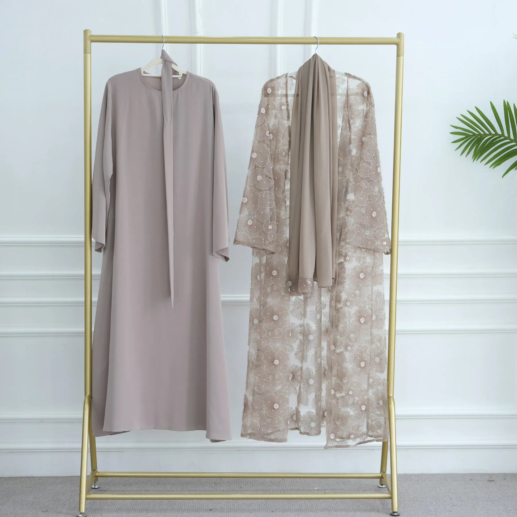 Luxury Dubai Lace Beads Cardigan Muslim Sets Women Hijab Abaya Kimono Jalabiya Ramadan Turkey Kaftan Robe Islam Clothing Caftan