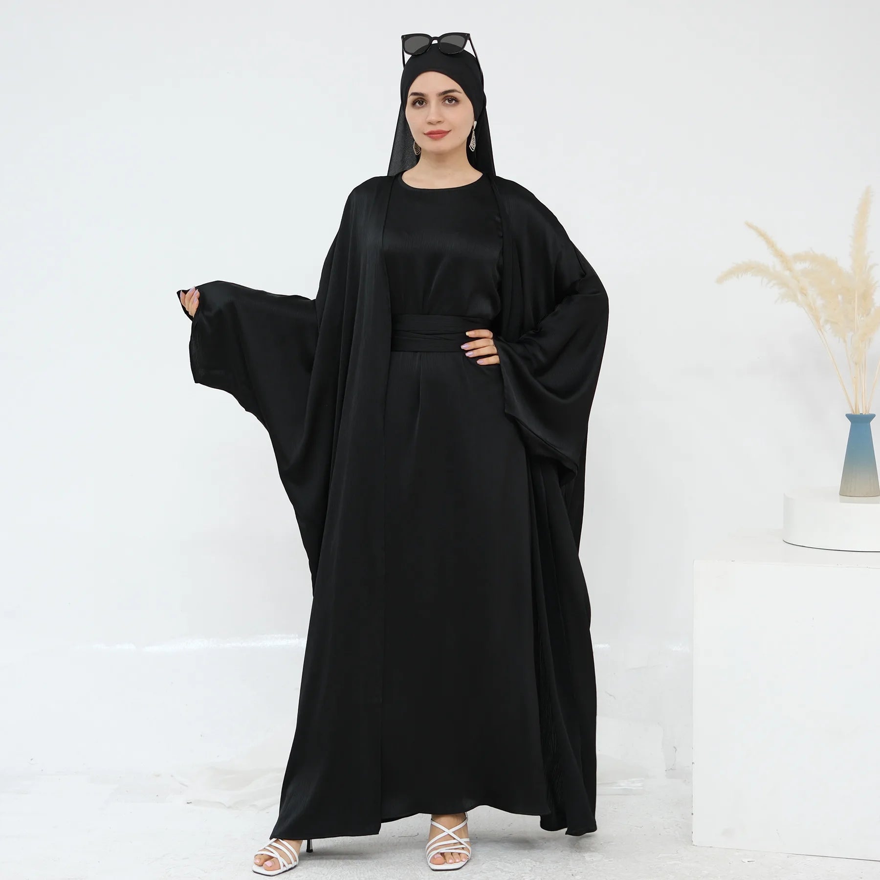 Ramadan Muslim Women 2 Piece Set Party Dresses Abaya Eid Jalabiya Sashes Morocco Dubai Kaftan Cardigan Robe Kimono Kebaya Caftan