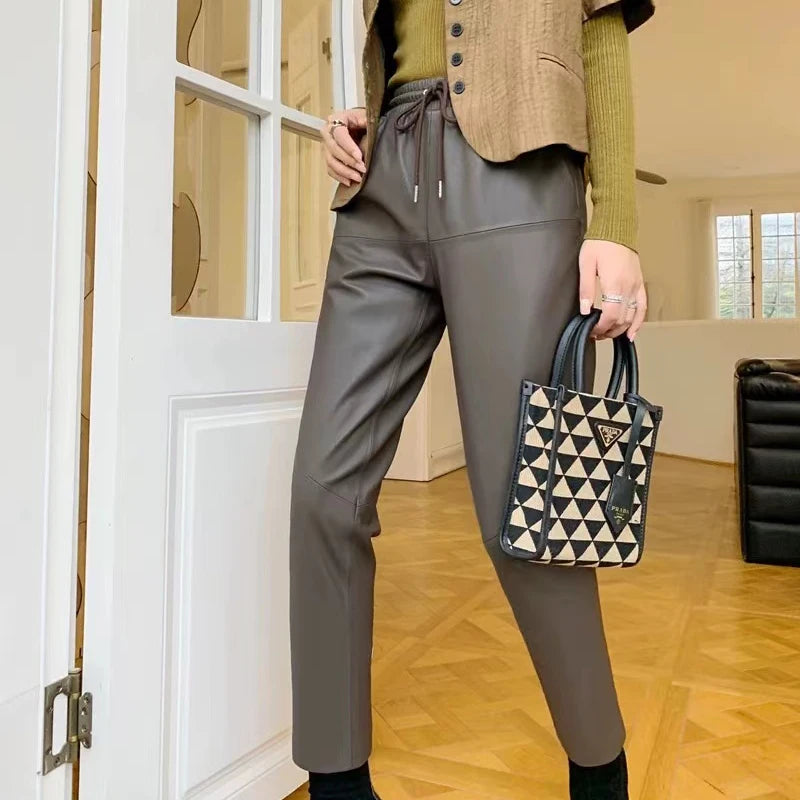 Genuine Leather Pantalon Pour Femme Sheepskin Elastic Waist Drawstring Black/Gray Cropped Trousers Straight Leg Pencil Pants