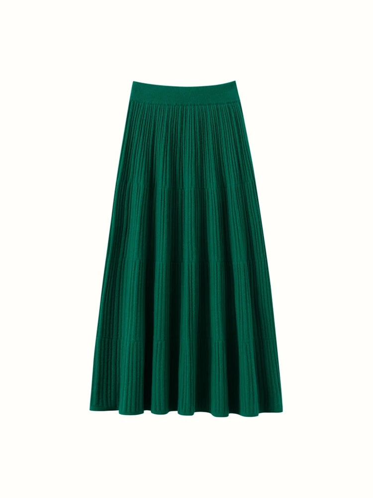 100% Cashmere Knitted Skirt Autumn Winter Women Elegant Tiered Pleats Slim A-line High Waisted Soild Office Lady Dress High-end