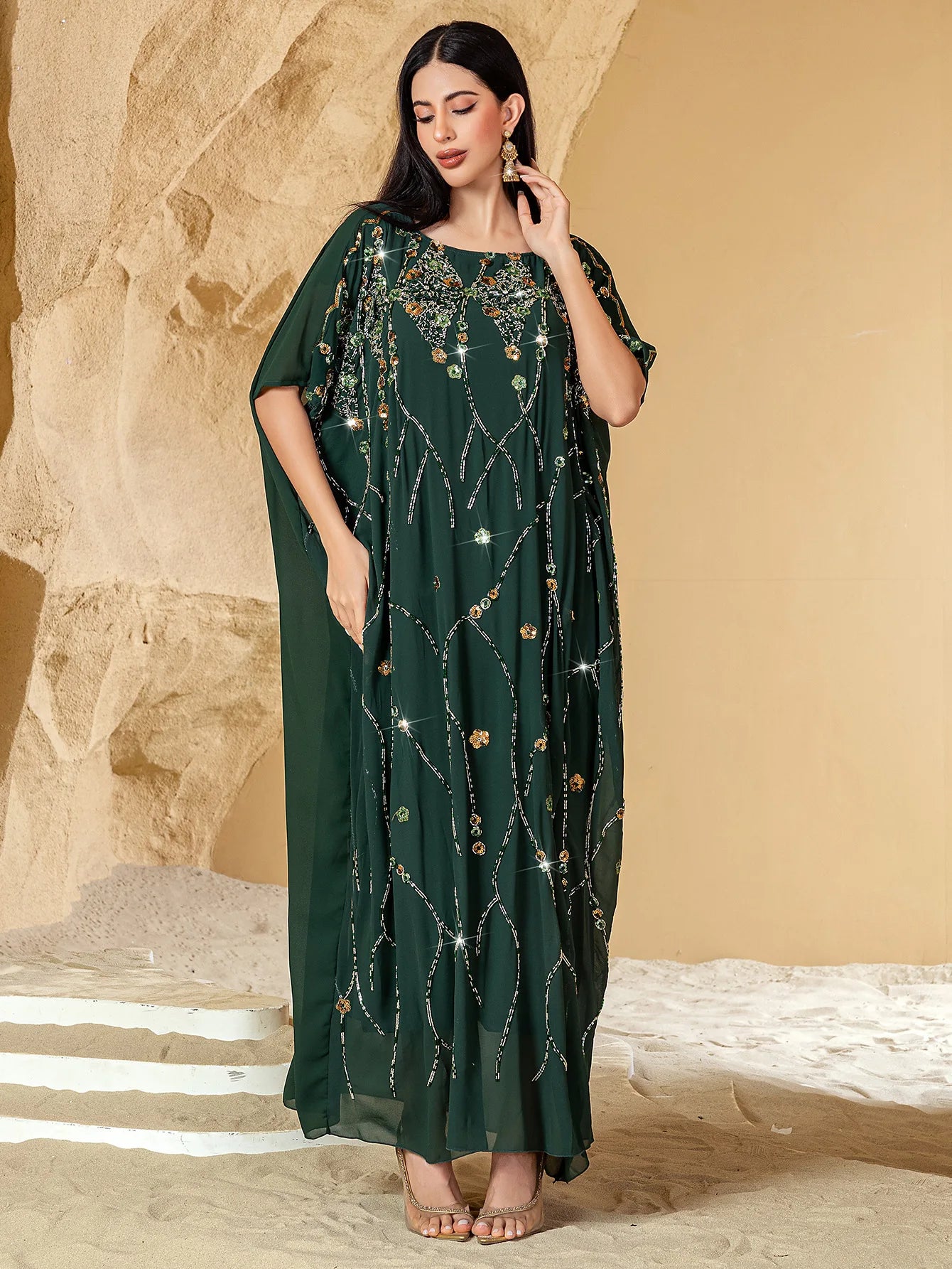 2025 Summer Eid Djellaba Morocco Sequins Embroidery Abayas Short Sleeve Dresses Jalabiya Dubai Turkey Kaftan Women Muslim Robes
