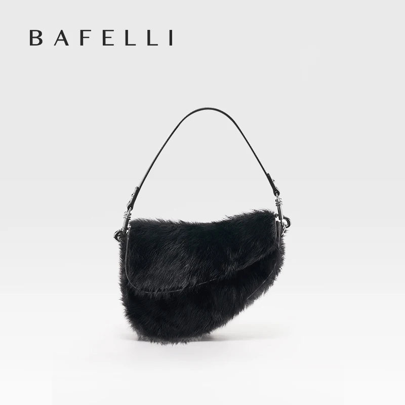 BAFELLI 2025 NEW WOMEN'S HANDBAG TREND GENUINE LEATHER FASHION STYLE WINTER SADDLE FUR BAGS LUXURY BRAND DESIGNER SHOULDER PURSE