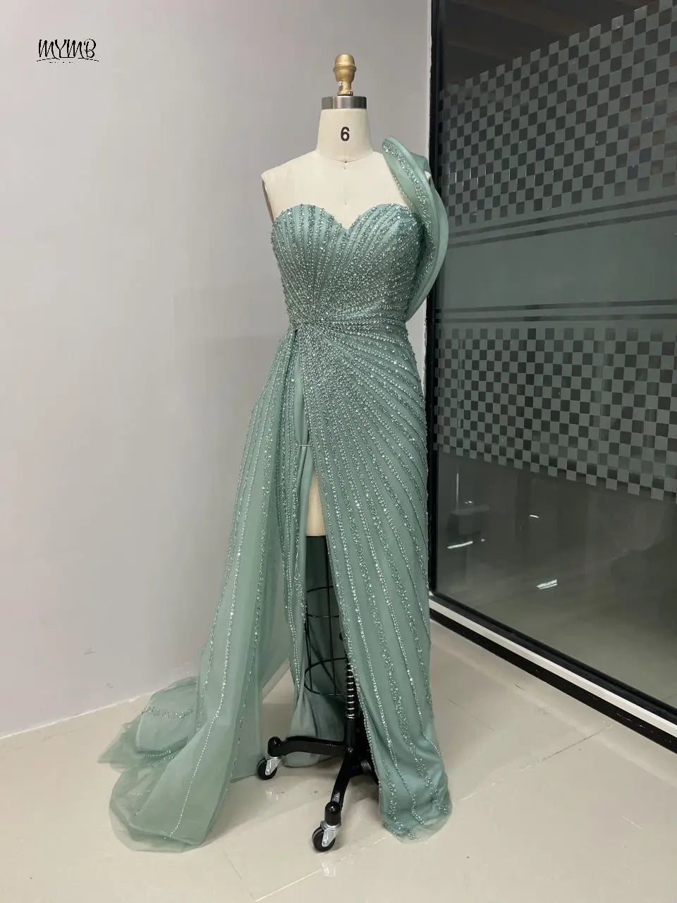MYMB Gorgerous Green High Split Mermaid Beaded Wedding Party Dress Luxury Sweetheart Neck One Shoulder Evening Ball Gown MB40031
