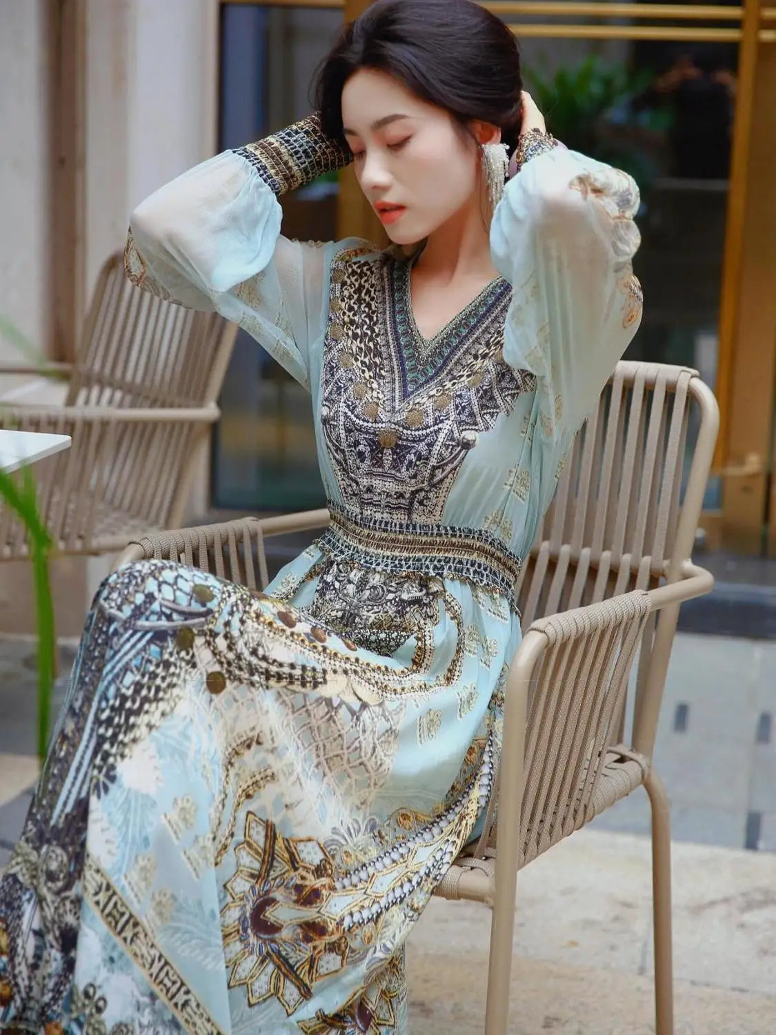 Spring Autumn New V-neck Long Sleeve Fashion Maxi Dress Women High Street Vintage Printing Dresses Elegant All-match Vestidos