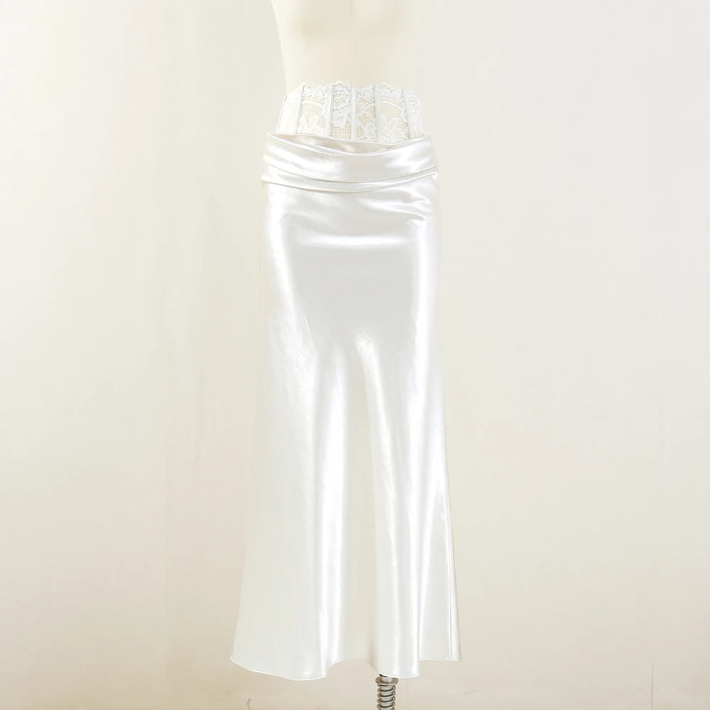 Lace Fishbone Patchwork Skirt for Women Y2k Side Zipper Elegant Slim Fit Business Casual Skirt for Autumn Winter 2025 New