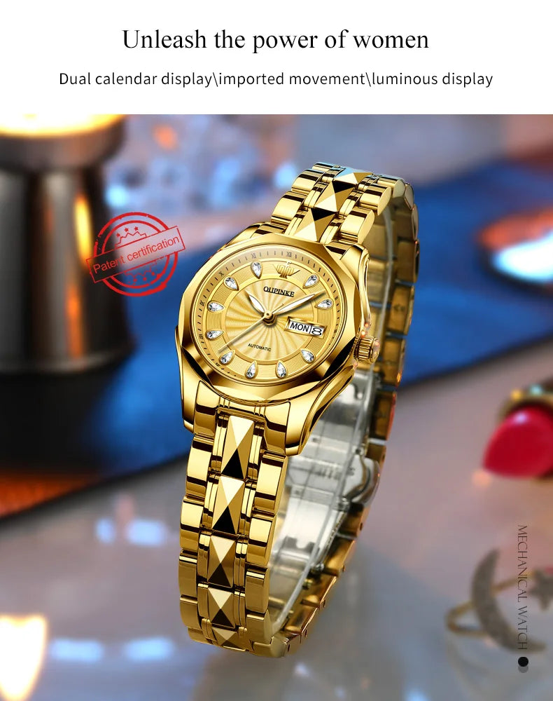 OUPINKE 3172 Fashion Simple Women Watch Gold Luxury Automatic Movement Mechanical Watch Business Calendar Elegant Women Watch