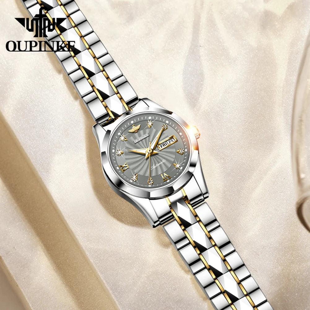 OUPINKE 3169 Women Watch Luxury Elegant Stainless Quartz Wristwatch Waterproof Luminous Ladies Date Fashion Watch Dual Calendar