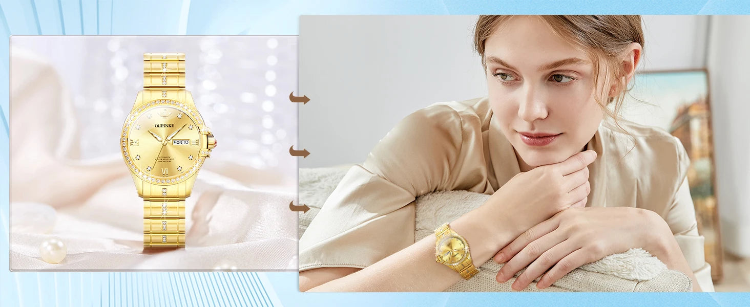 OUPINKE 3195 Japan Imported Automatic Movement Mechanical Watch for Women Diamond Ladies Watch Waterproof Dual Calendar Watch